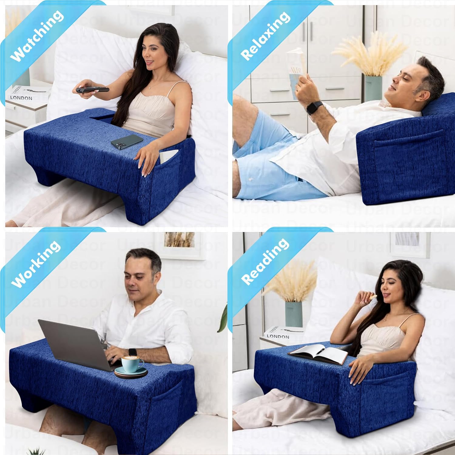 Lap Desk Pillow, Portable Computer Table & Laptop Lap Desk For Sofa, Blue | Ergonomic Gaming Desk Table With Arm Rest | Work Desk Accessories For Reading, Neck Support, Washable Cover