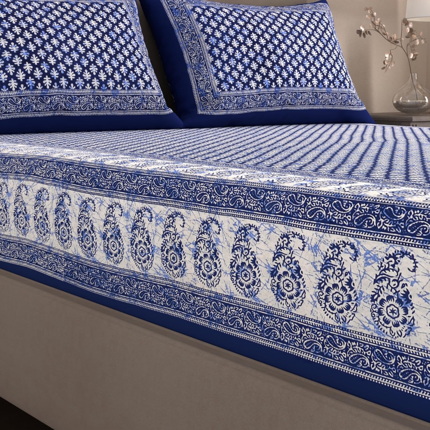 Handloom Printed Double Bedsheet For Queen Size With 2 Matching Pillow Cover | Size 90 X 100 Inches, Blue - Cotton Bedsheets For Double Bed | Soft & Smooth