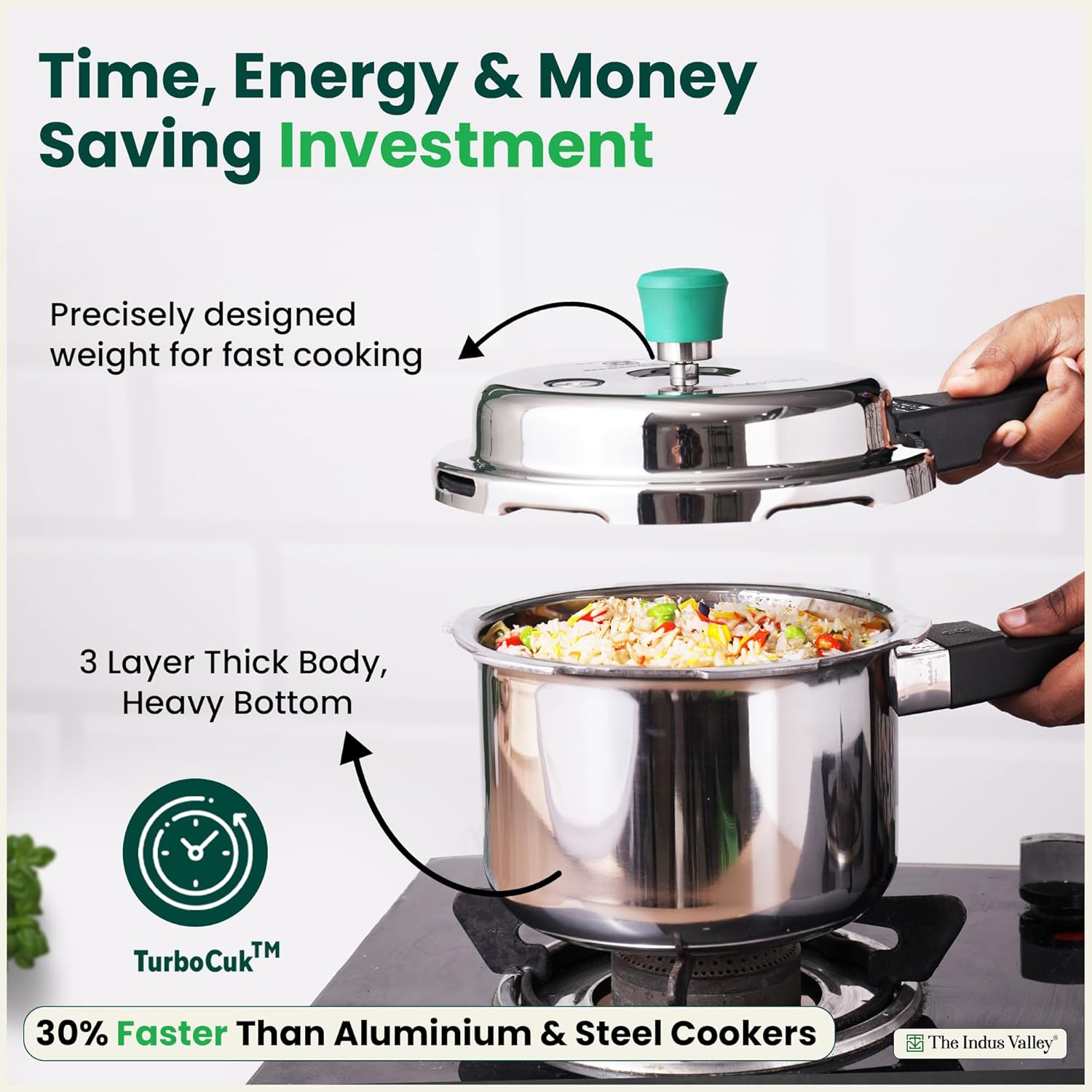 Triply Stainless Steel Pressure Cooker Outer Lid For 2-3 People - Small, 3 Ltr, 1.8kg | Induction Friendly, ISI-Certified, Nonstick 3-Layer Body, 100% Pure & Toxin-Free, 5 Years Warranty