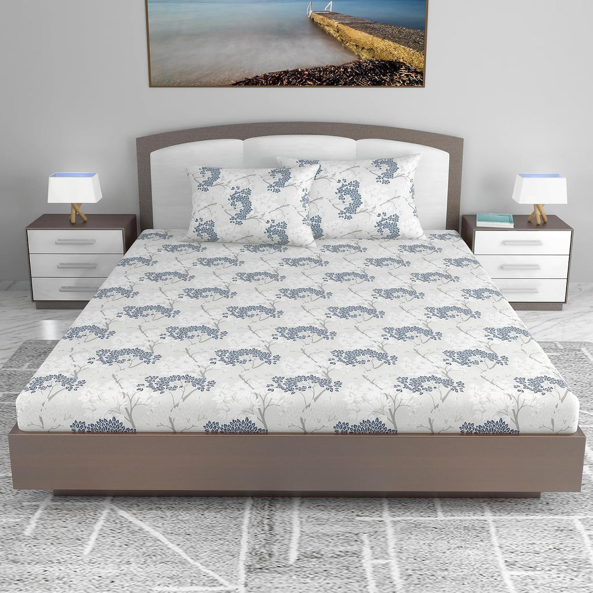 King Size Double Bedsheet With 2 Pillow Covers - 108 X 108 Inches, Grey & Blue | Soft & Durable For Everyday Use - All Season Comfort