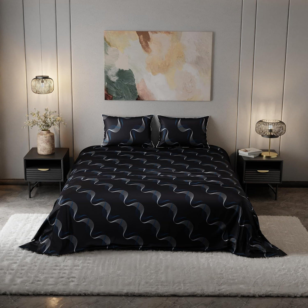 Bedsheet For Super King Size Bed With 2 Matching Pillow Cover - 108 X 108 Inches, Black | Ideal For Healthy Skin & Hair | 100% Premium Fabric Is Lightweight, Soft & Comfortable