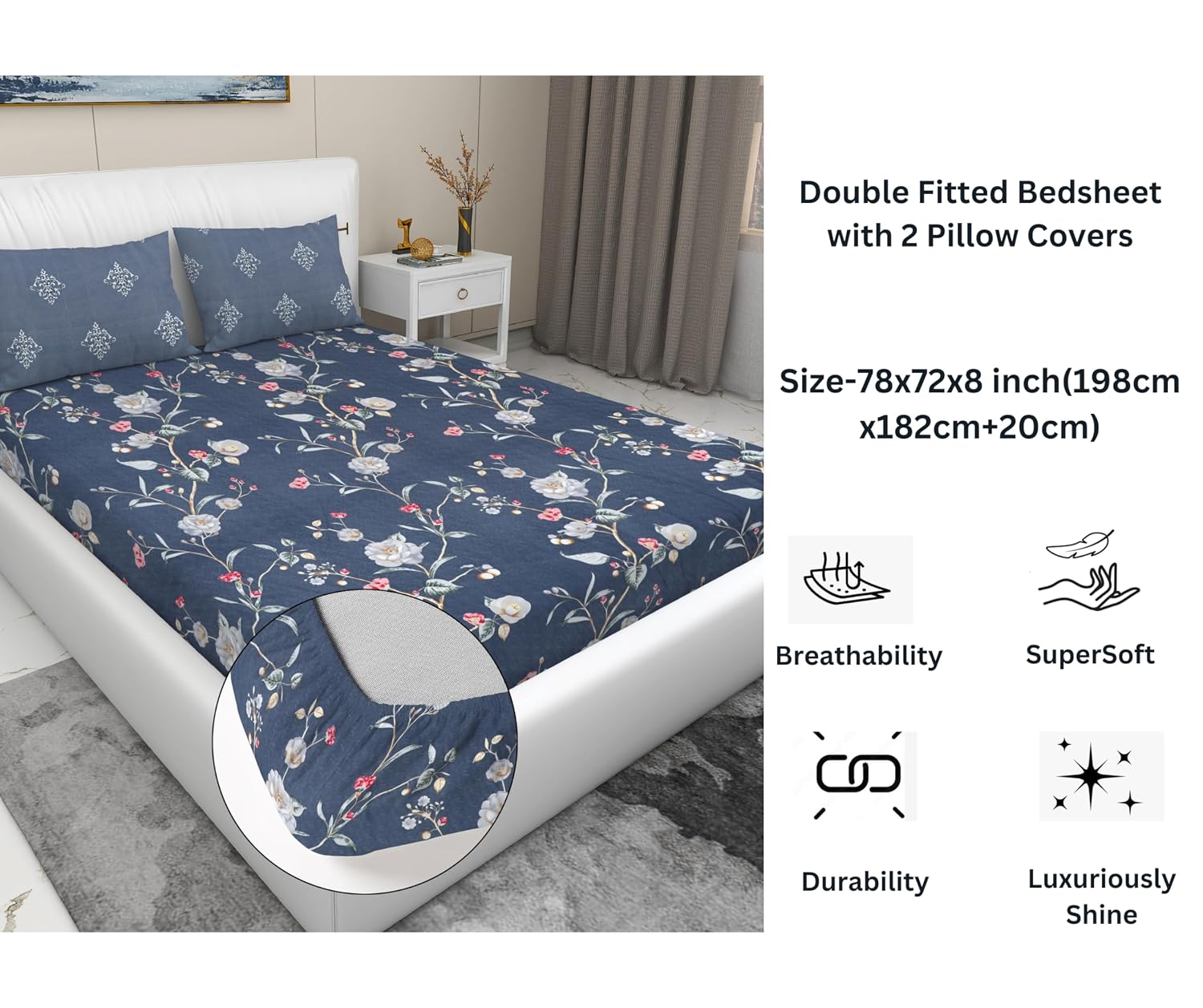Elastic Fitted Bedsheets For King Size Bed With 2 Pillow Covers - 72 X 78 X 8 Inches, Grey & Pink | Ideal For Hotel, House, Guest House