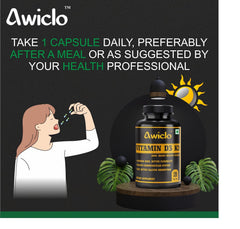 Awiclo Plant Based Organic Vitamin D3 Vitamin D3 + K2 Capsules, Vitamin K2-7 To Support Bone & Heart Health | For Men & Women | 120 Capsules , 200gm 0.4lbs