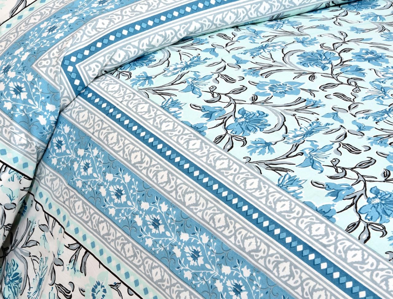 Hand Printed Cotton Bedsheet For King Size With 2 Pillow Covers | 90 X 108 Inches, White & Aqua | Ultra-Soft & Skin-Safe | Breathable Summer Comfort