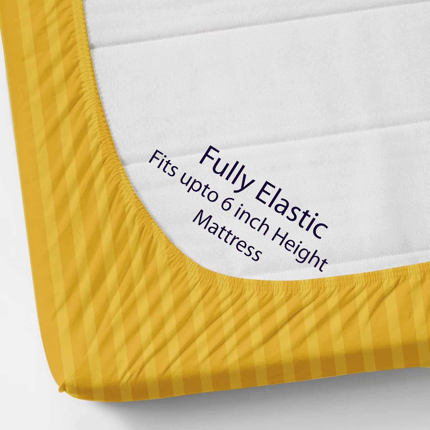 Cotton Elastic Fitted King Size Double Bed Bedsheet With 2 Pillow Covers - 72x78x6 Inches, Yellow | Durable Bedsheets For Everyday Comfort