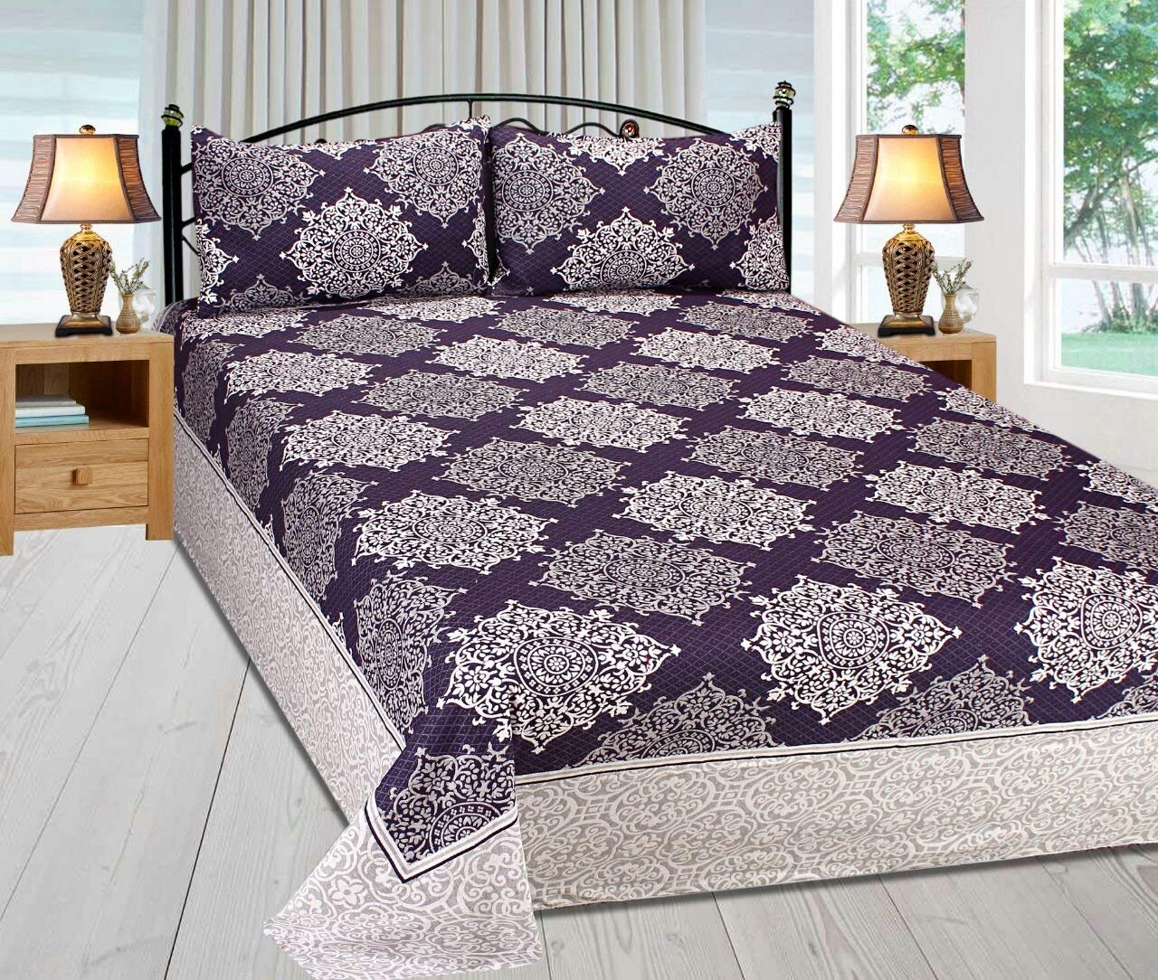 Double Bedsheet With 2 Pillow Cover - Size 90 X 100 Inches, Deep Purple | Designer Printed Bedsheet Set - Naturally Soft, Breathable, & Skin Friendly