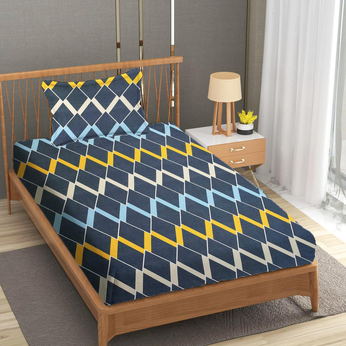 Single Bedsheet With 1 Pillow Covers - 60 X 90 Inches, Navy Blue | Soft Wrinkle Free Breathable Easy Care | Color Fade Resistant Bedsheet