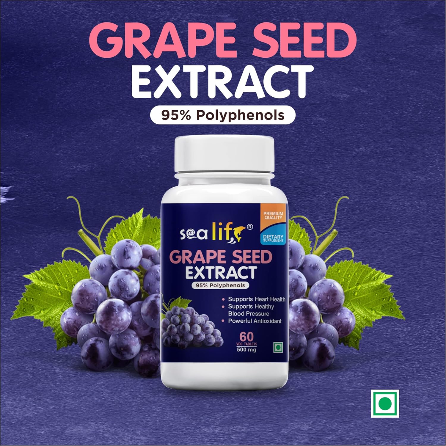 Sea Life Grape Seed Extract 500mg Antioxidant Supplement Strengthens Immunity, Helps Fight Infections, Promotes Healthy Skin And Hair For Women & Men | 60 Tablets 100gm 0.2lbs