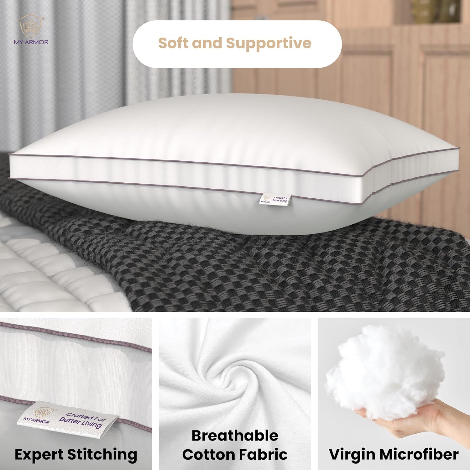Gusseted Hotel Pillows For Sleeping, Neck Support Pillows, White | Down Alternative, Hypoallergenic, Bed Pillows | For Side & Back Stomach Sleepers, Soft & Supportive - Pack Of 1