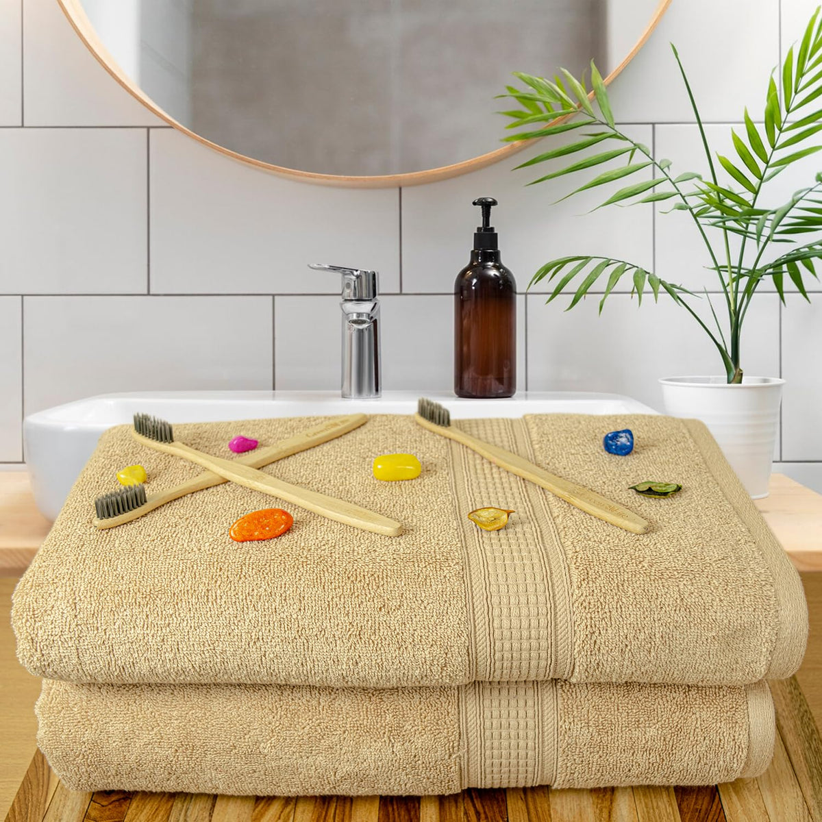 Rangoli 100% Cotton Fibre Bath Towel 1000 Gsm | Highly Durable & Super Absorbent Towel | Skin-Friendly & Quick Drying Luxury Towels (Beige) - Pack Of 2