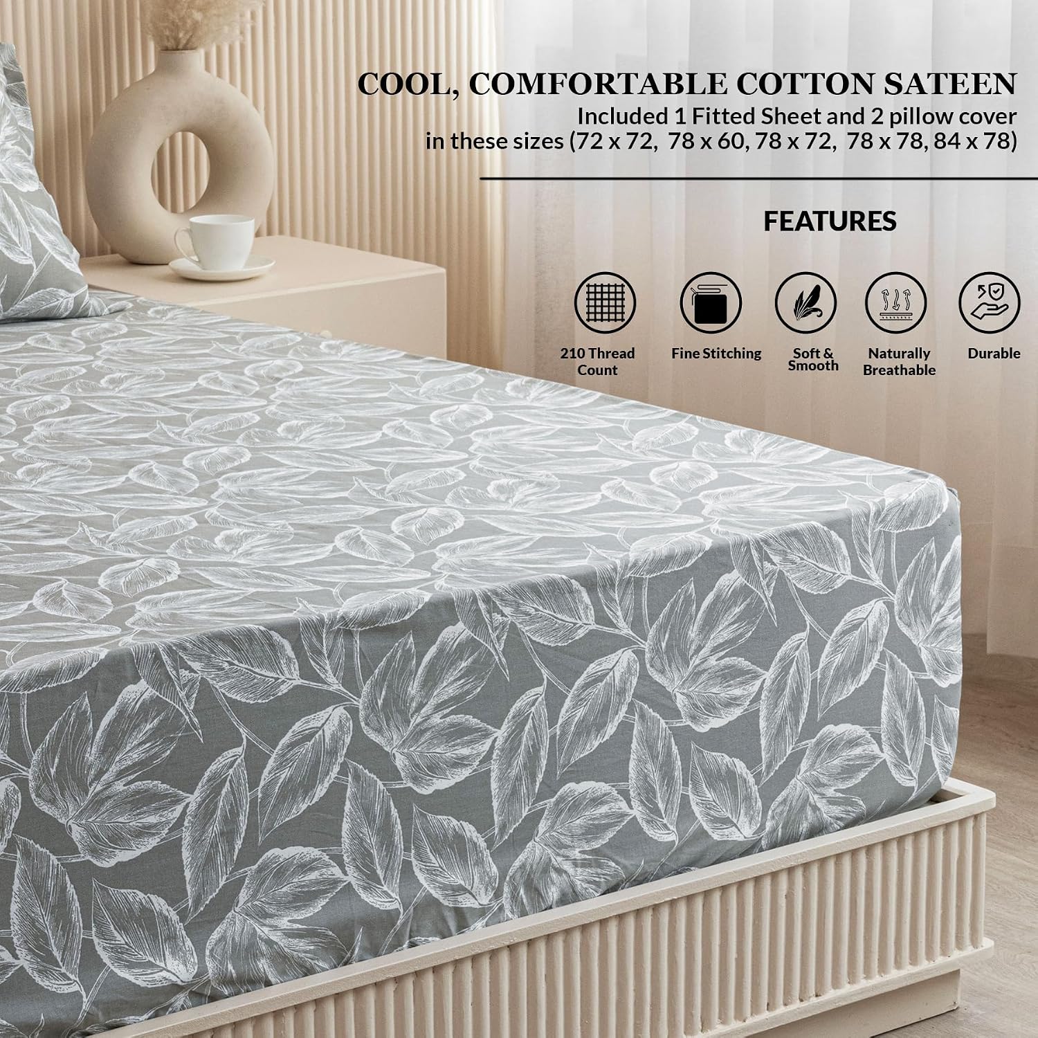 Premium Cotton Fitted Bedsheet King Size - 78 X 72 Inches With 2 Pillow Covers, Grey & White | Super Soft, Breathable & Wrinkle Free