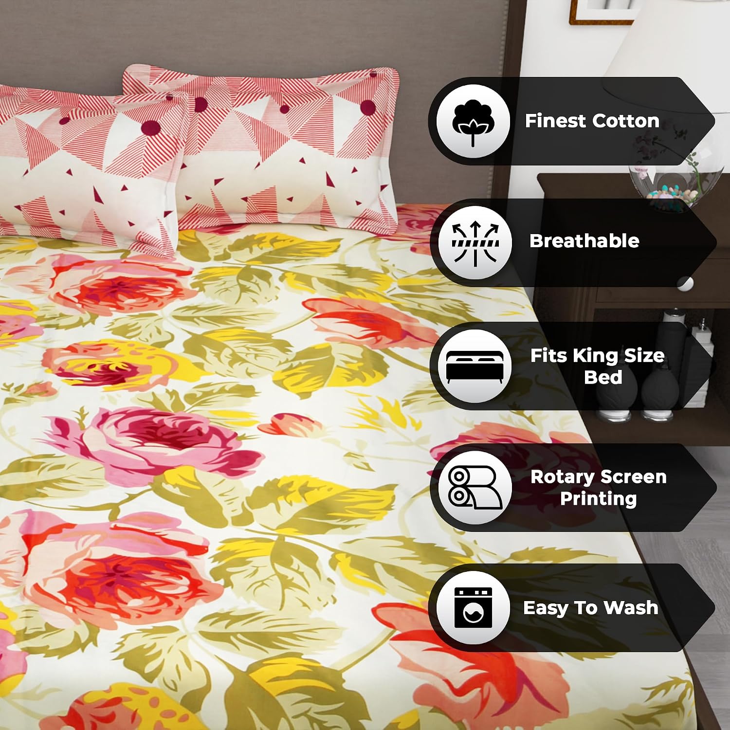 100% Cotton Double King Size Bedsheet With 2 Pillow Covers - 88 X 106 Inches, Pink & White | Soft & Durable For Everyday Use - All Season Comfort