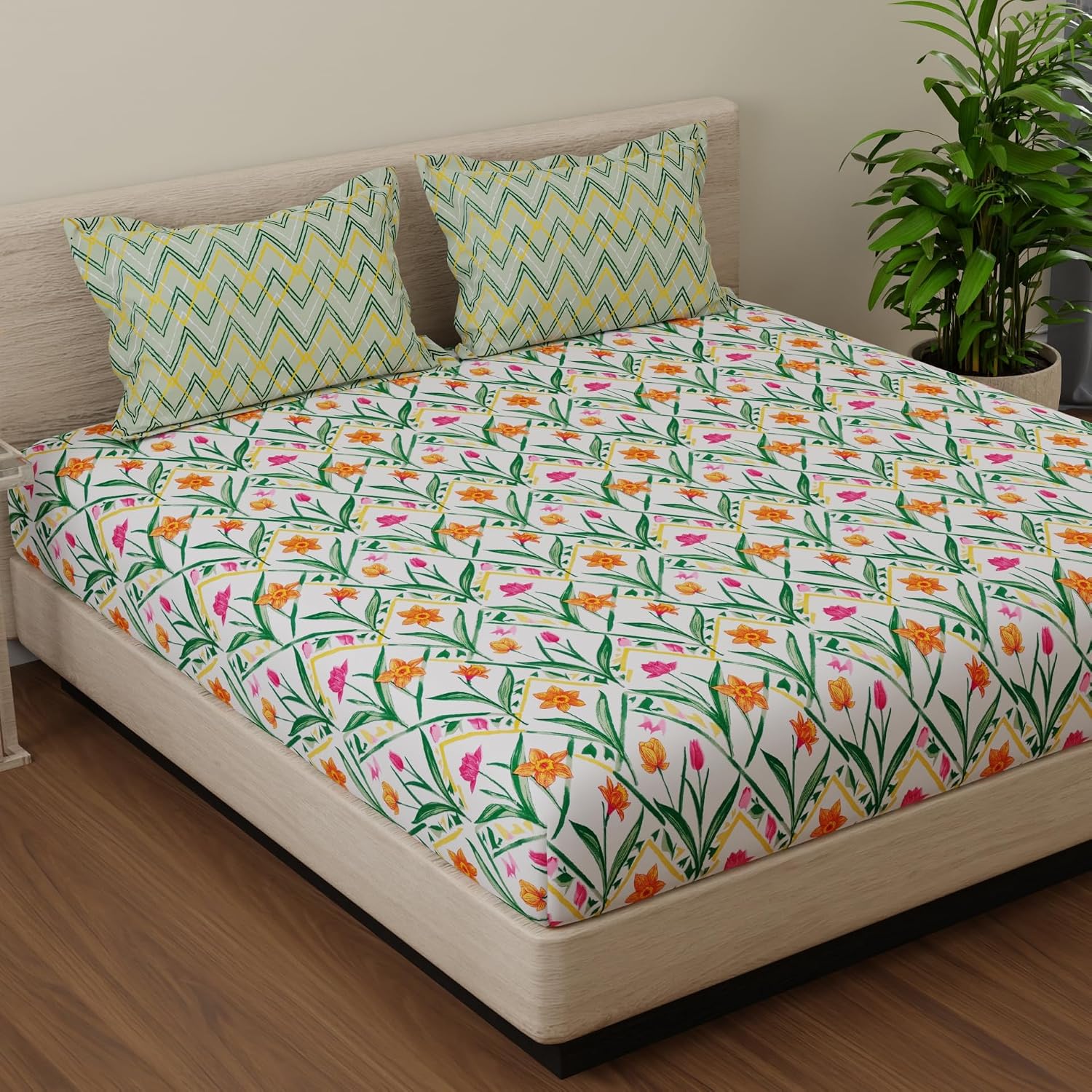 Double Bedsheet For King Size With 2 Pillow Covers - 108 X 108 Inches, Green & Yellow | Beautiful Print For Luxury Bedsheets