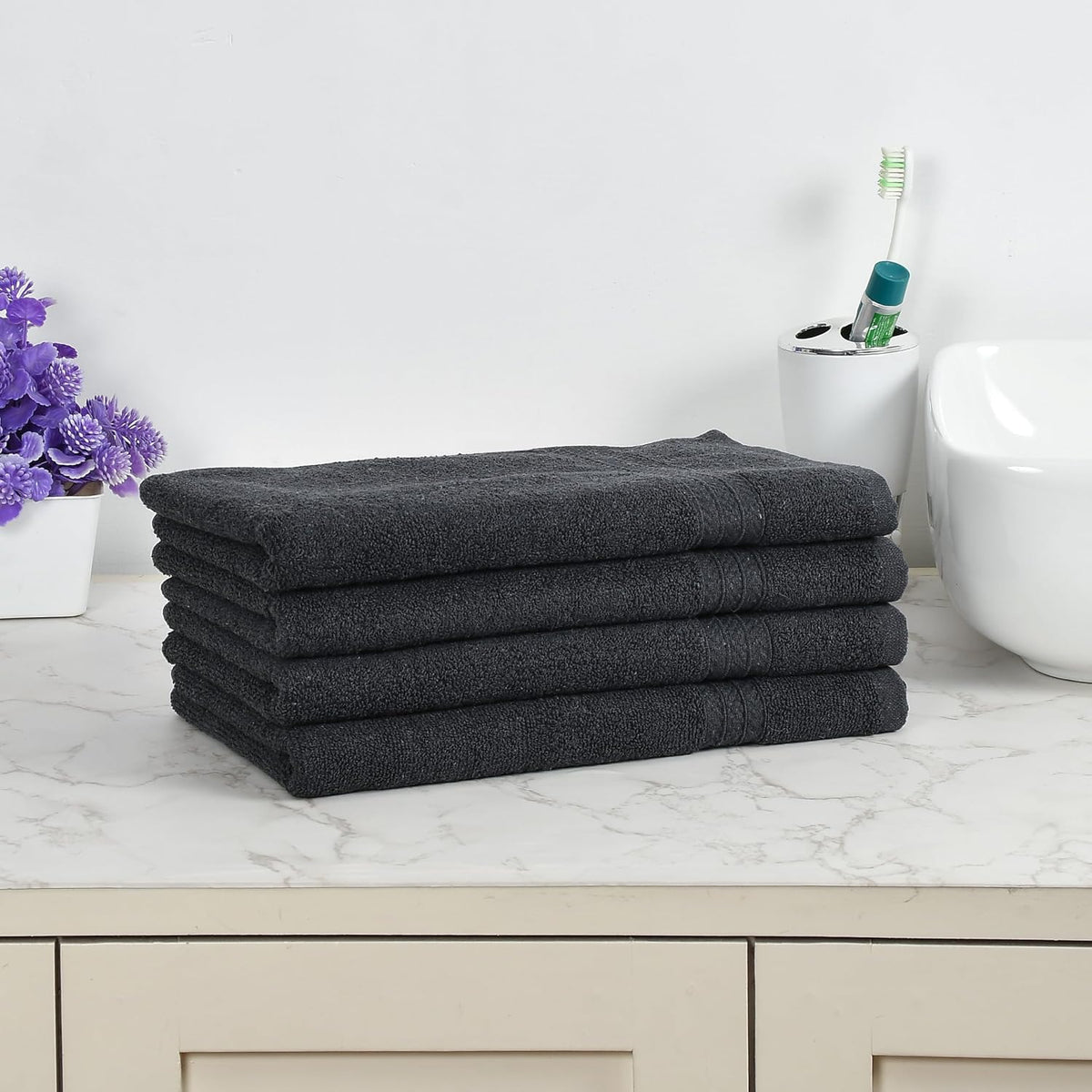 Fresh From Loom Luxury Fur Collection Hand Towel 500 Gsm Napkins Cotton High Absorbency Double Stitched Size (Blackish Grey) - Set Of 4