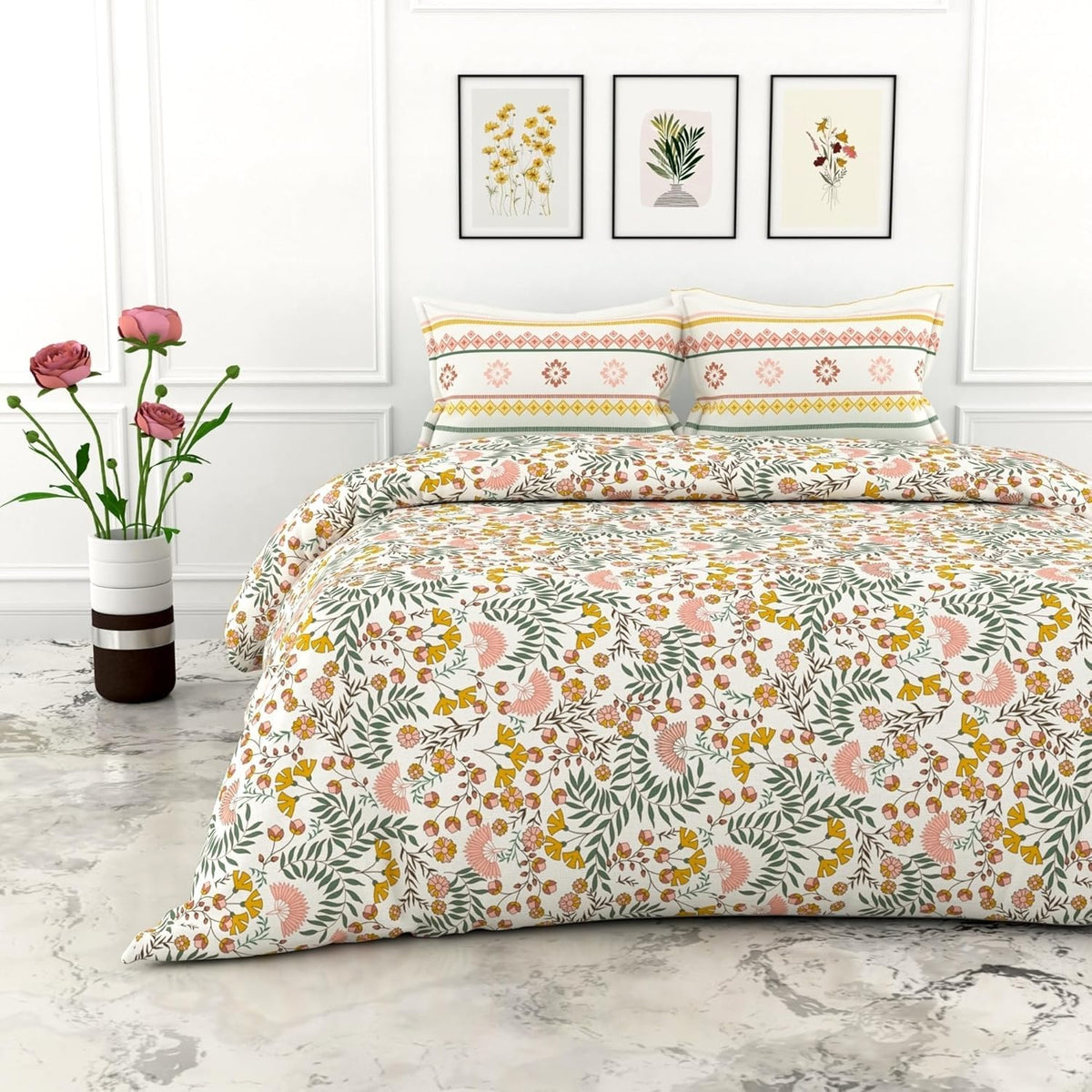 King Size Printed Bedsheet For Double Bed 2 Pillow Cover - 72 X 78 Inches, Multicolor | All Around Elastic Fitted - Ultra Soft & Breathable