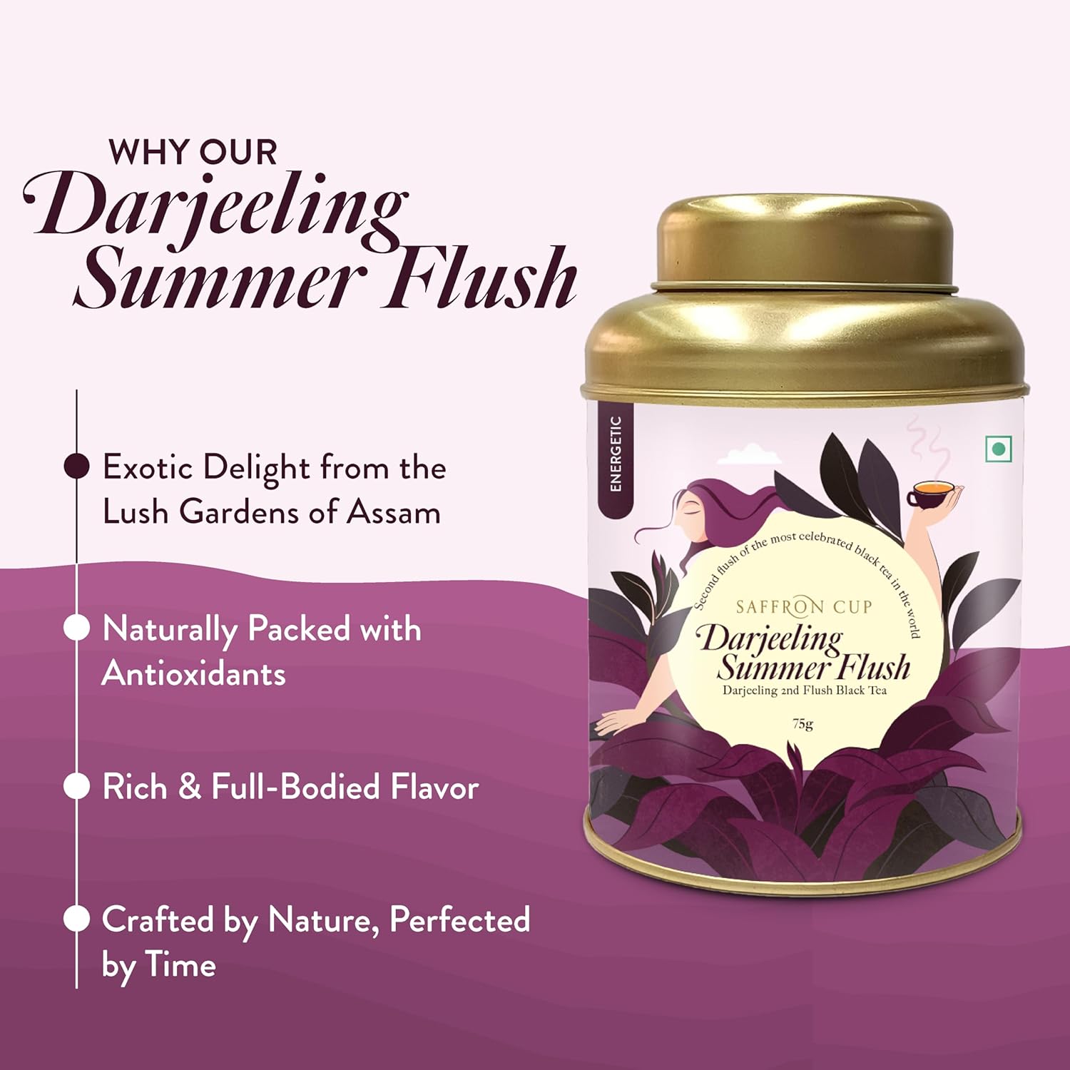 Saffron Cup Darjeeling Summer Flush Energetic Black Tea - 75gm Tin, 2.6 Ounce | 100% Natural, Rich In Antioxidants - Perfect For Connoisseurs & Heart Health | Low Caffeine, Rich & Full Bodied Flavor