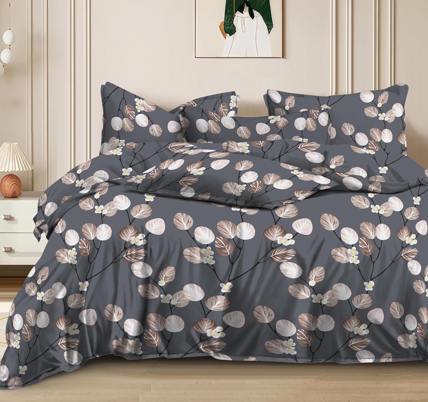 Cotton Elastic Fitted Printed Queen Size Double Bed Bedsheet With 2 Pillow Cover | 60 X 78 Inches, Grey - Soft Touch, Wrinkle Resistant, Skin Friendly