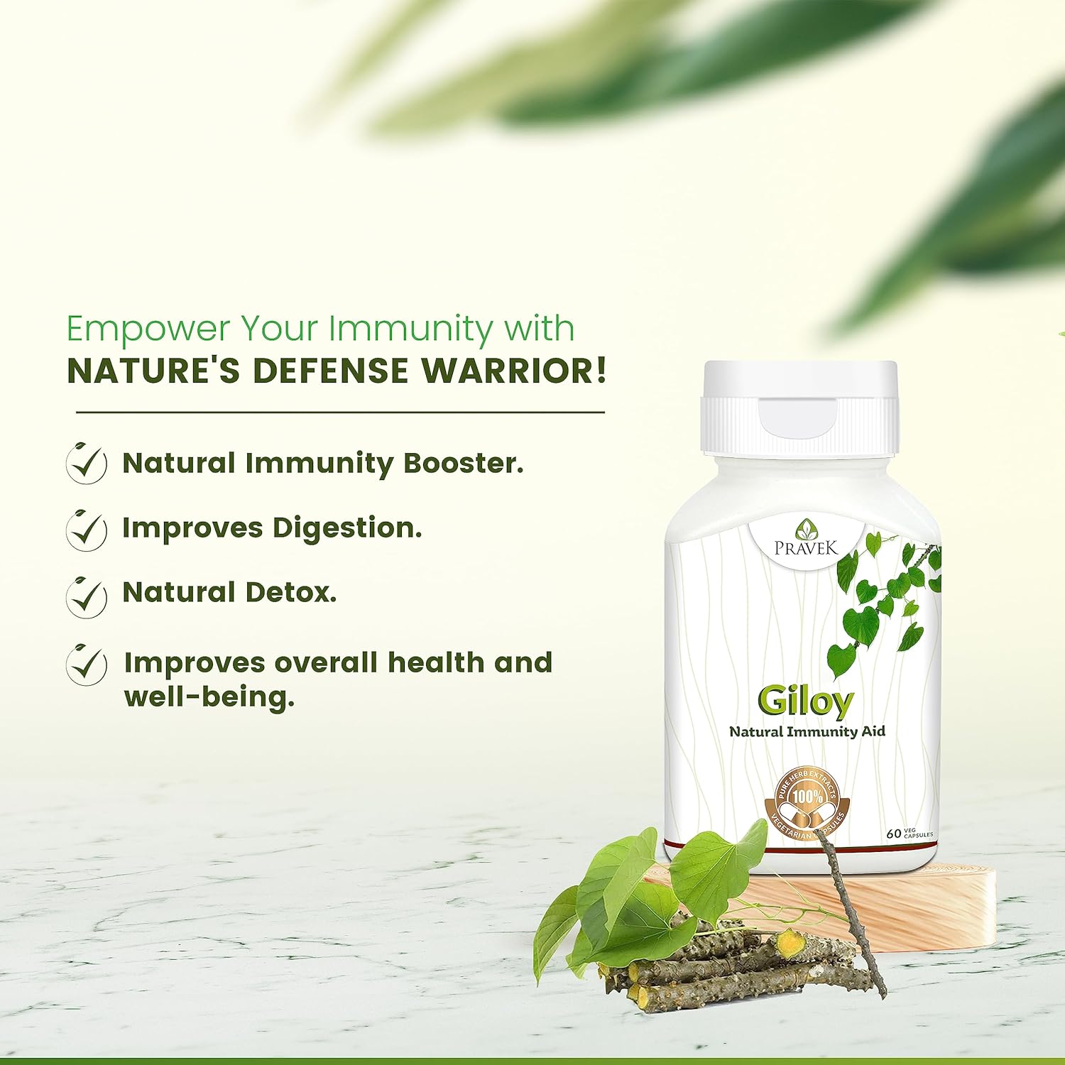 Pravek Giloy, Natural Immunity Aid Extract, Antioxidant Properties, Immunity Booster, Improves Overall Health & Well - Being | 60 Capsules 100gm 0.2lbs