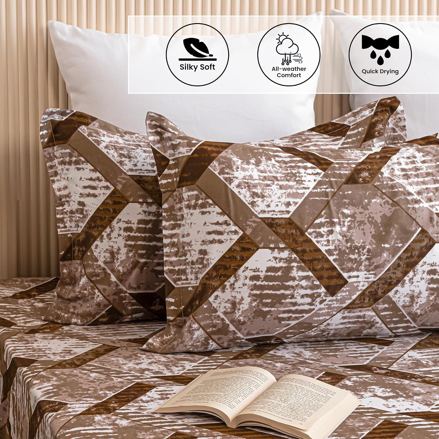 Brown King Size Bedsheet With 2 Pillow Covers - 108 X 108 Inches | Luxurious Printed Flat Sheets | Perfect For Home Decor & Gifting