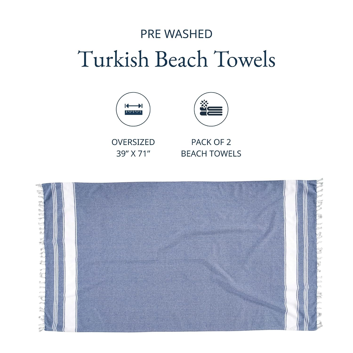 Lane Linen Turkish Beach Towels Extra Large 699 Gsm | Pre-Washed For Soft Feel, Oversized Sand Free Quick-Dry Pool Towel- Forever Blue (2 Pack)