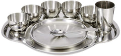 Nifty Stainless Steel Thali Set - 9 Pieces, Silver | 5 Katoris+ 1 Glass+ 1 Quarter Plate+ 1 Full Plate+ 1 Dessert Spoon - Easy To Clean & Dishwasher Friendly