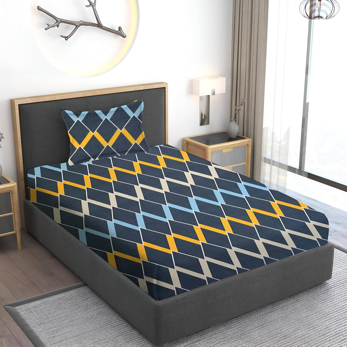 Printed Single Bedsheet Size With 1 Pillow Cover - 60 X 90 Inches, Navy Blue | Cotton Wrinkle Free Soft, Breathable | Durable & Long-Lasting
