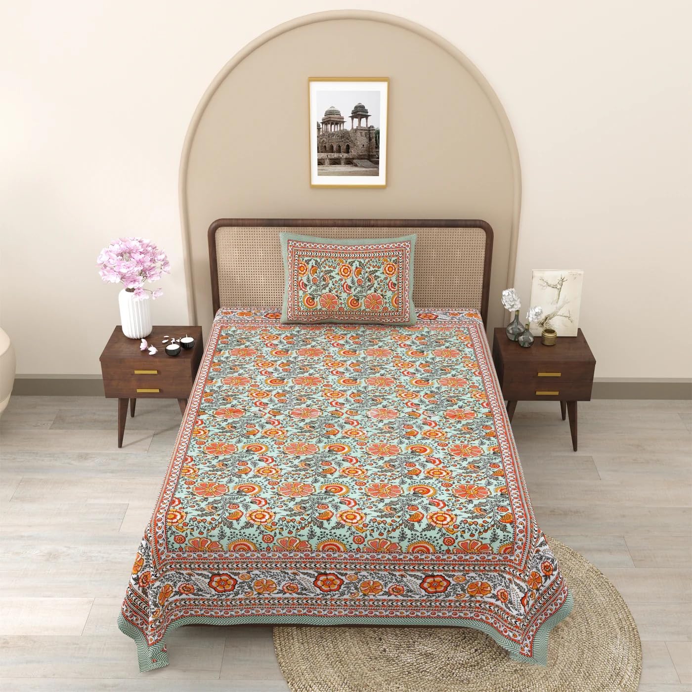 Soft Cotton Single Size Bedsheet With 1 Pillow Cover - 60 X 90 Inches, Mustard & Green | Durable For Everyday Use - All Season Comfort