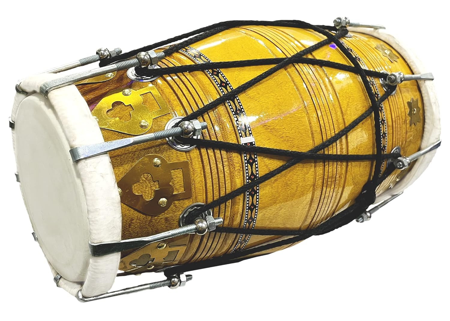 Handmade Bhajan Kirtan Sheesham Wood Dholak With Yellow Glassy Glass Transparent Polish - Yellow | Goat Skin Made Ring Fitting By Nut & Bold On Both Side