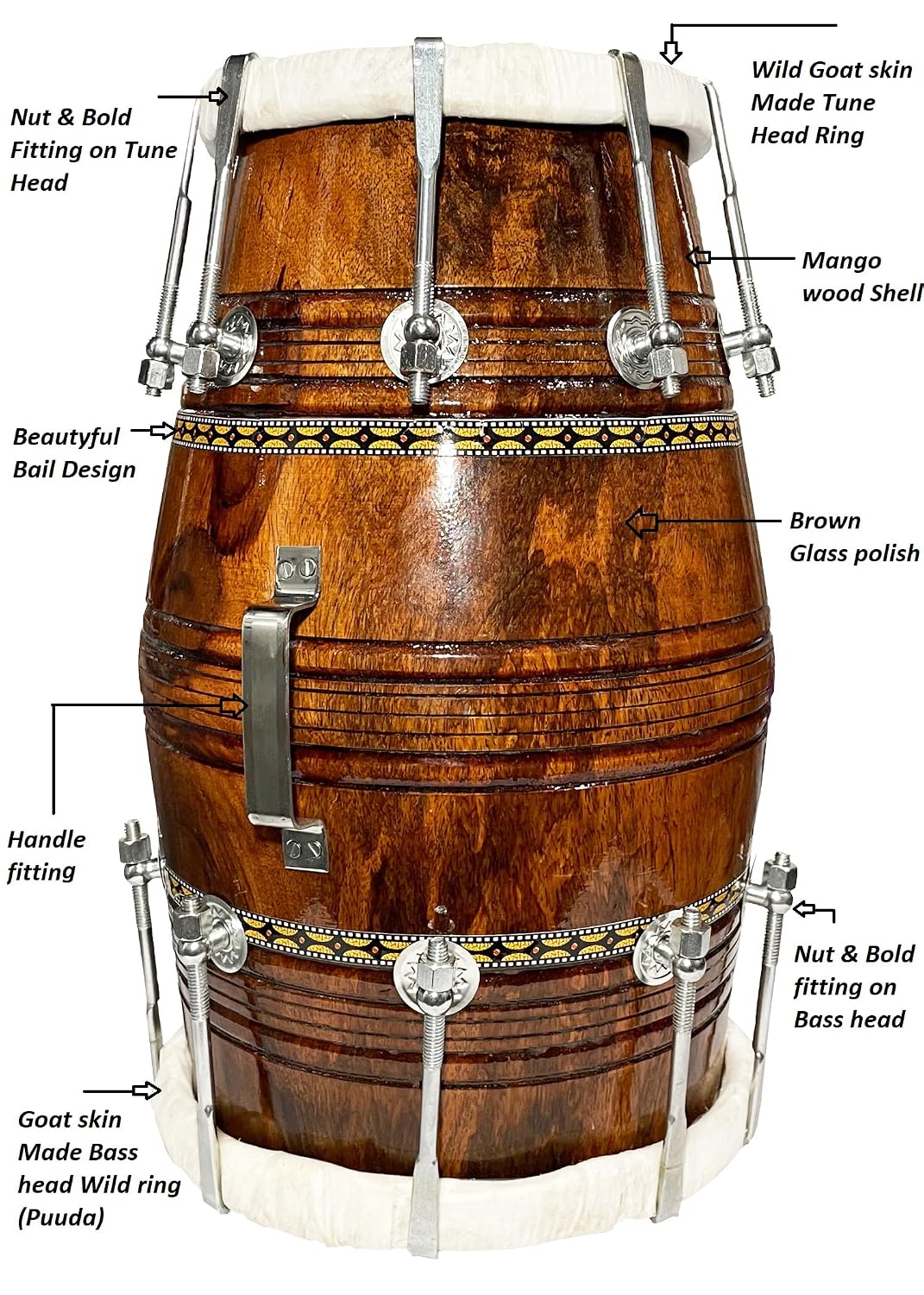 Professional Dholak For Bhajan Kirtan - Brown | Perfectly Symmetric Round Dholak - Dholak For Festival, Wedding, Satsang | Nut & Bolt Fitting On Bass & Tune Head Side, Studio Use Dholak
