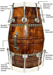 Professional Dholak For Bhajan Kirtan - Brown | Perfectly Symmetric Round Dholak - Dholak For Festival, Wedding, Satsang | Nut & Bolt Fitting On Bass & Tune Head Side, Studio Use Dholak