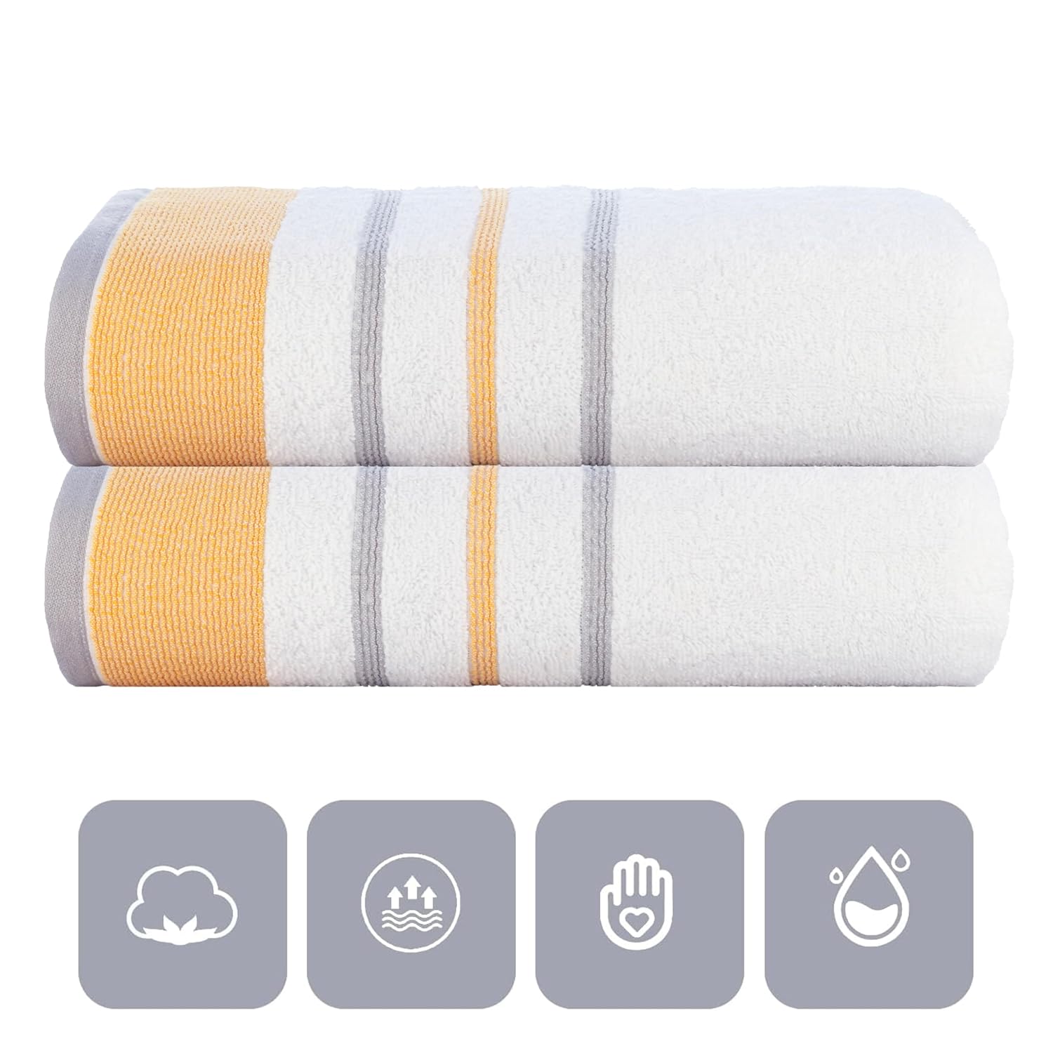 Casa Copenhagen Designed In Denmark White Bay Super Soft 2 Pieces 100% Cotton Large Bath Towel 525 Gsm - Gold/Grey