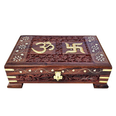 Wooden Om Box For Good Luck, Jewellery Box, Decorative Case, Kit, Vanity Organiser For Women, Necklaces, Cash, Gold 10 x 6 Passe Engraved, Colour - Brown