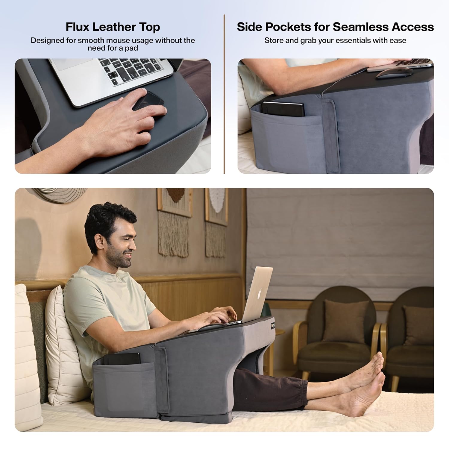 Lap Desk Pillow, Height Adjustable, Soft & Comfortable Armrest, Easy To Store, Grey | For Working On Laptop, Reading & Gaming | Work From Home Pillow | Perfect For Using On Bed, Sofa & Floor