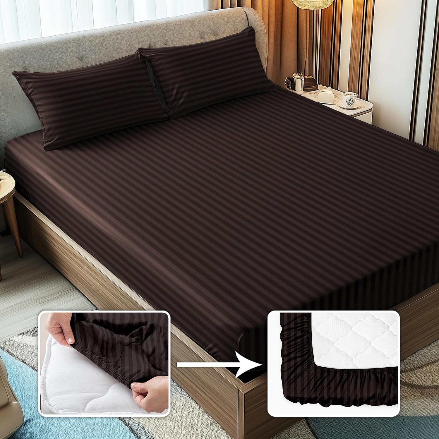 Stripes King Size Cotton Bedsheet With 2 Pillow Covers - 86 X 94 Inches, Brown | Perfect For Home Decor, Guest House | Ideal For All Seasons