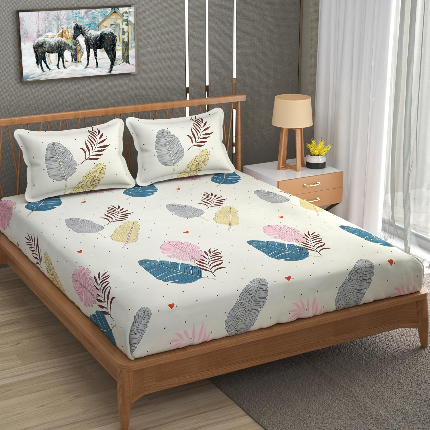 King Size Elastic Fitted Bedsheets With 2 Pillow Covers - 90 X 100 Inches, Cream | Soft Wrinkle Free & Breathable Elastic Bedsheets - Durable & Long Lasting Bedsheet