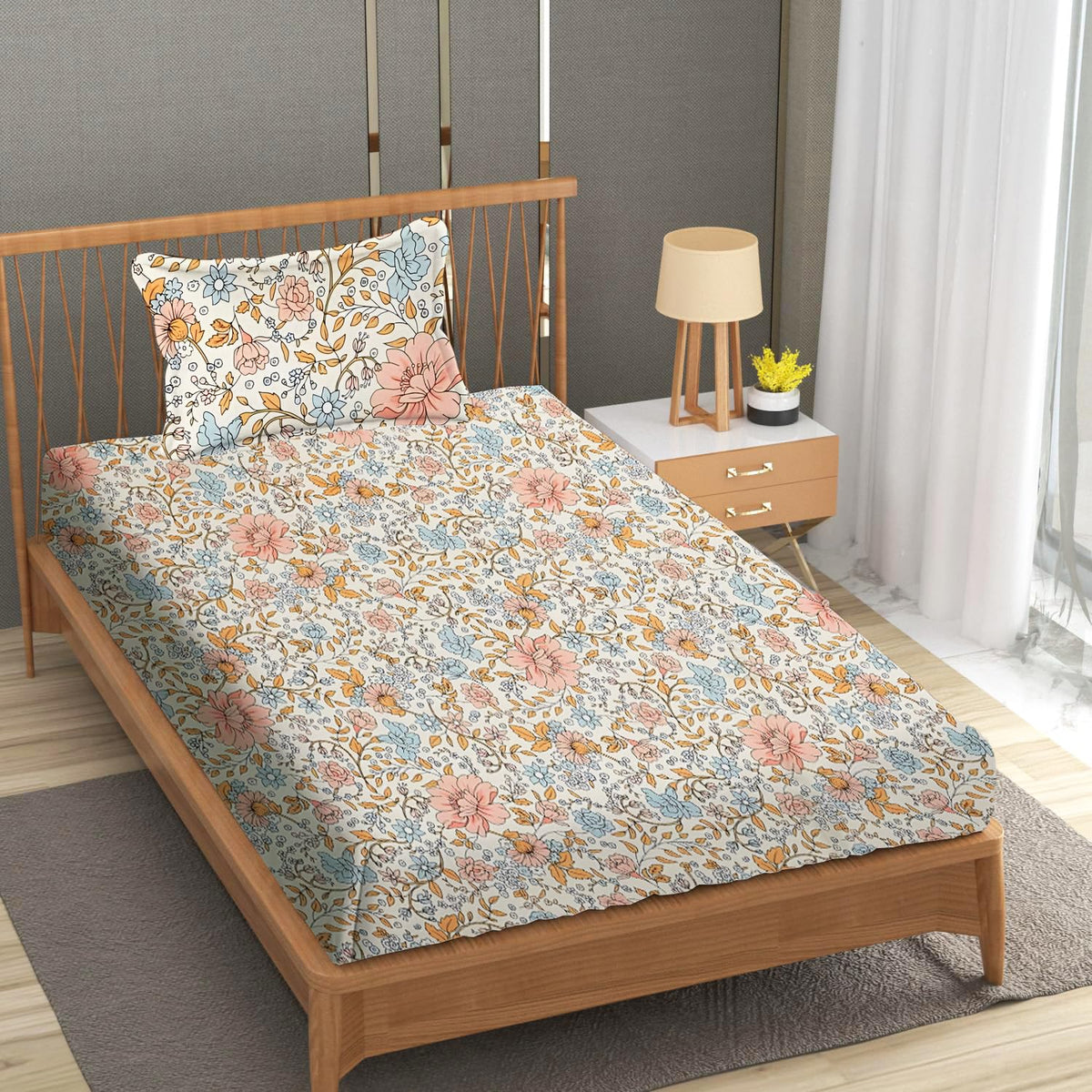 Single Bedsheet With 1 Pillow Covers - 60 X 90 Inches, Multicolor | Soft Wrinkle Free Breathable Easy Care | Color Fade Resistant Bedsheet