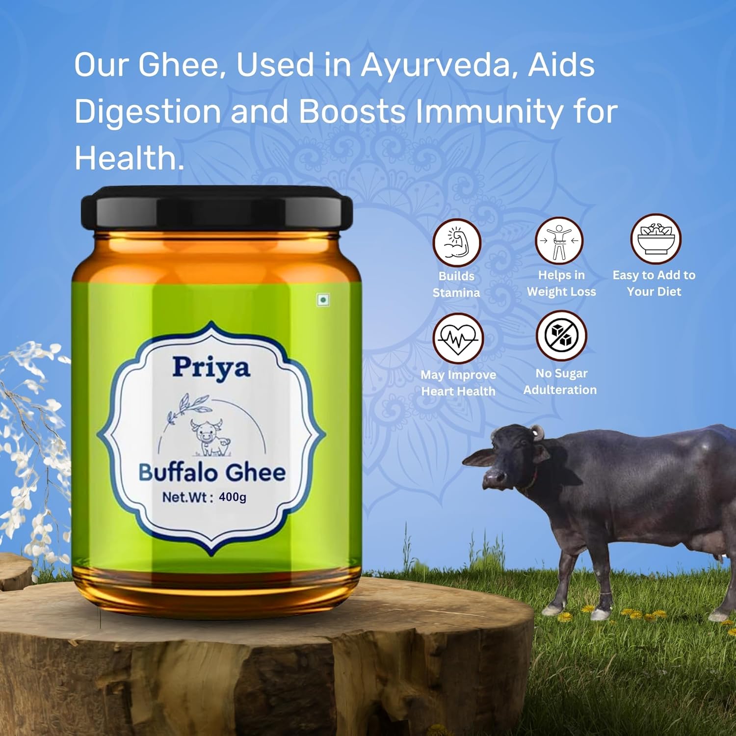 Organic Buffalo Ghee By Priya | Good Source Of Vitamin A, Delicious & Nutritious Healthy Desi Ghee | (400ml) 13.5 Ounce | Jar Pack