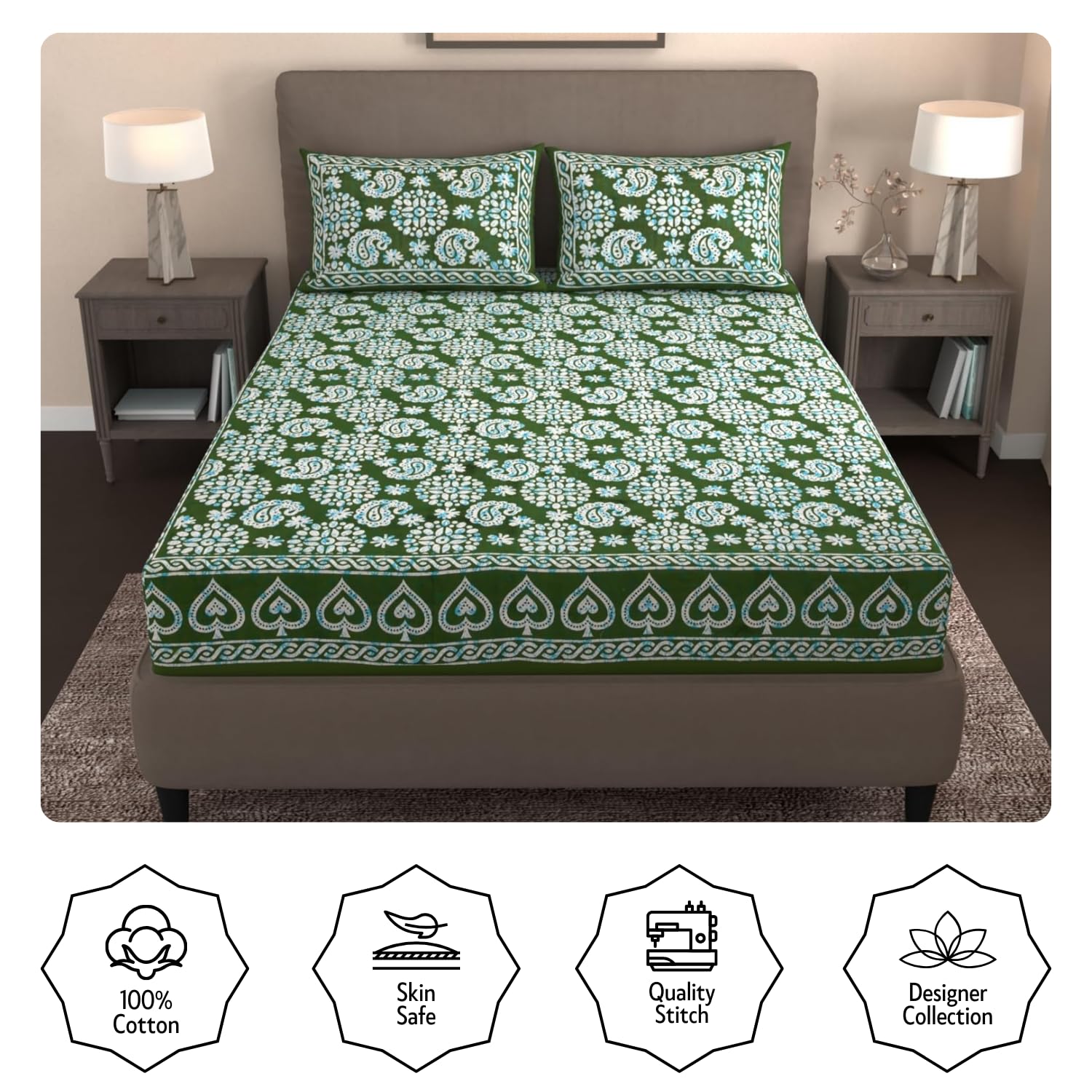 Handloom Printed Double Bedsheet For Queen Size With 2 Matching Pillow Cover | Size 90 X 100 Inches, Dark Green - Cotton Bedsheets For Double Bed | Soft & Smooth