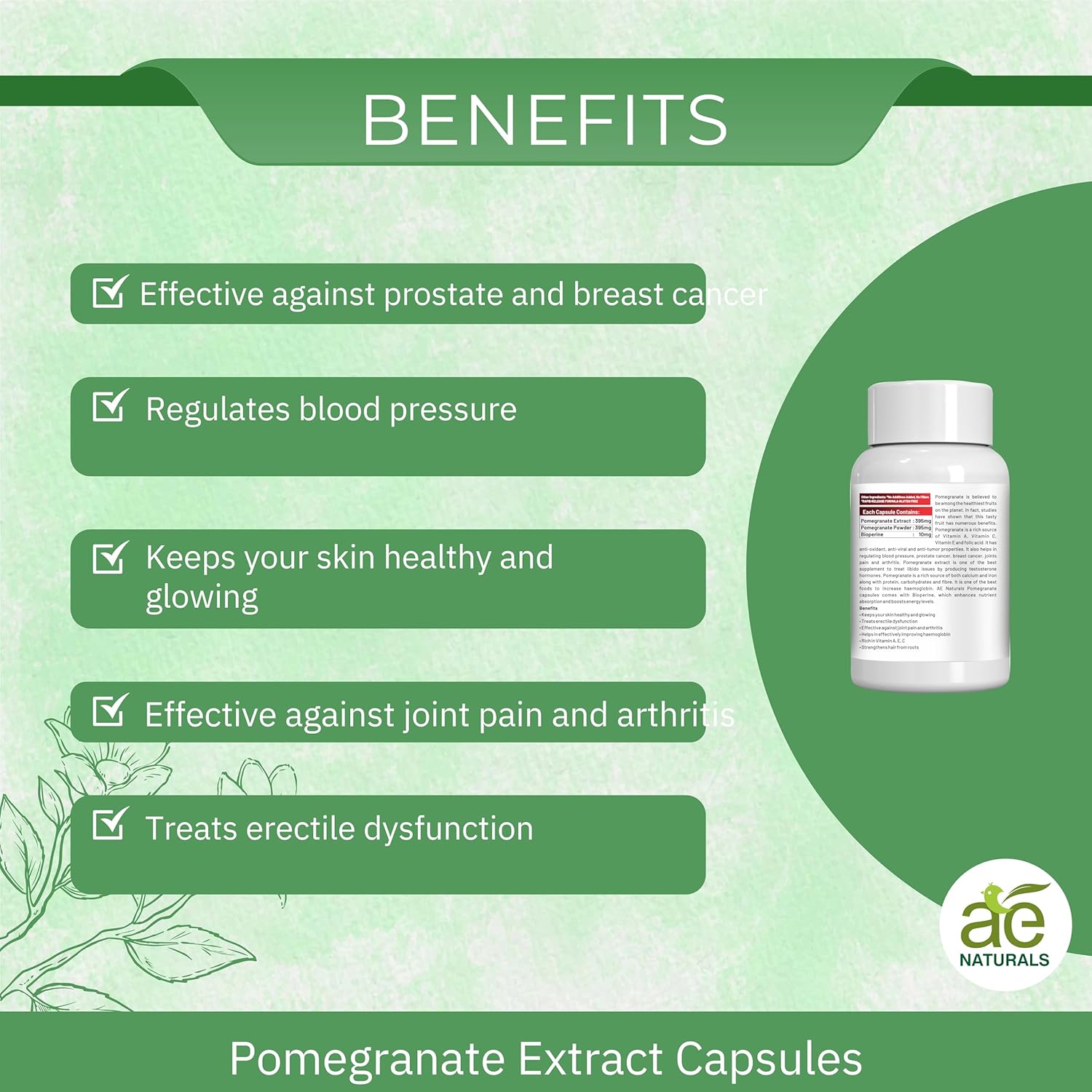 Ae Naturals Pomegranate Extract Capsules Promotes Healthy Skin, Regulates Blood Pressure, Powerful Antioxidant | 60 Capsules 100gm 0.2lbs
