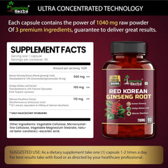 Humming Herbs Red Korean Ginseng With Ginkgo Biloba Leaf, Siberian Ginseng, Supports Energy, Concentration, Immune System & Improves Mental Clarity Bio Available | 90 Capsules 100gm 0.2lbs
