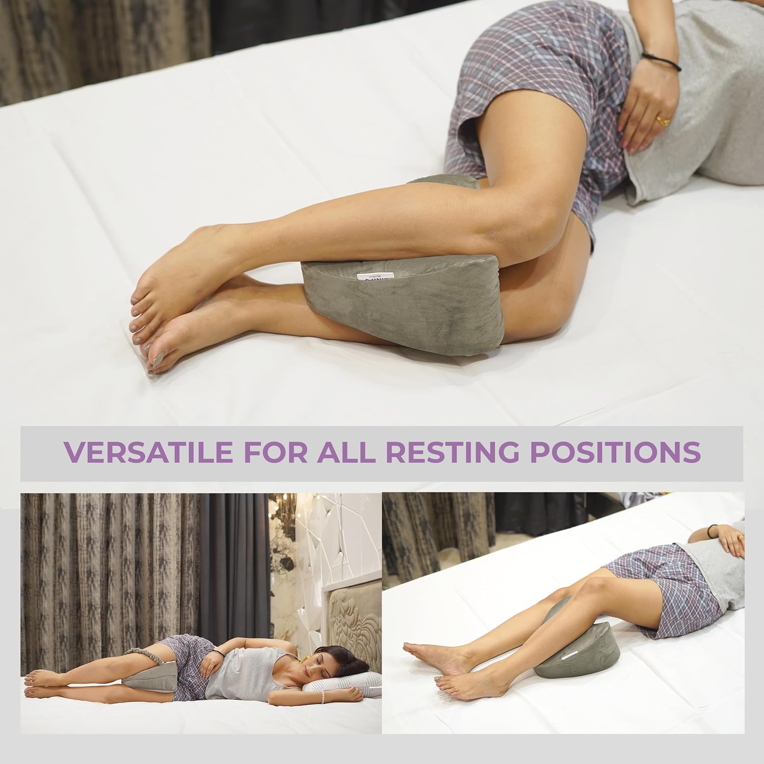 Memory Foam Knee Pillow For Sleeping, Leg Pillow For Pregnancy - Grey | For Back Pain, Side Sleepers, Sciatica & Knee Pain Relief | Knock Knee Pillow For Leg Support, Zipper Velvet Cover