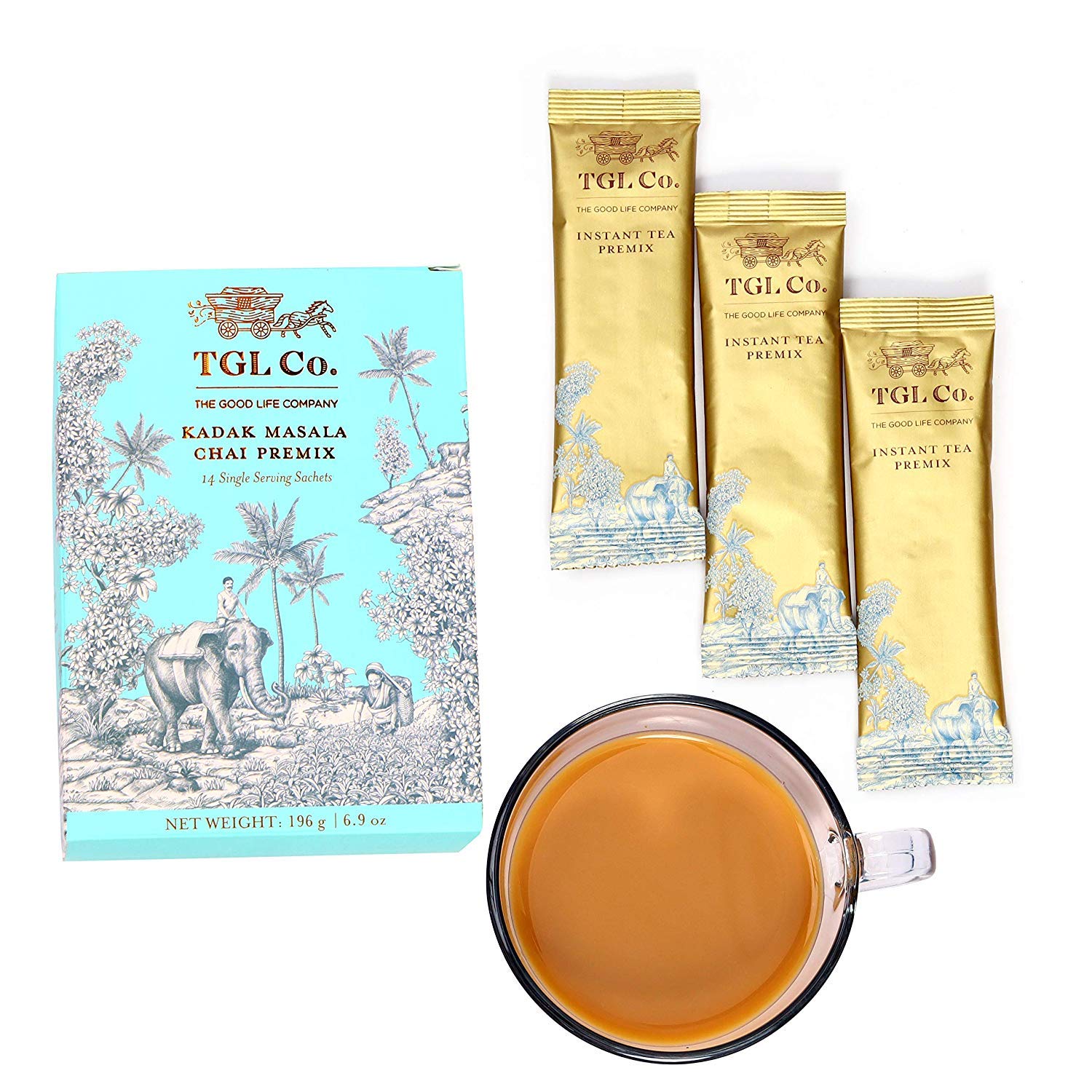 TGL Co. Kadak Masala Chai Instant Tea Premix - 196gm, 6.9 Ounce, 14 Single Serving Sachets | Anti Inflammatory & Anti Bacterial Properties - Rich Taste, Ready To Drink Chai | Medium Caffeine