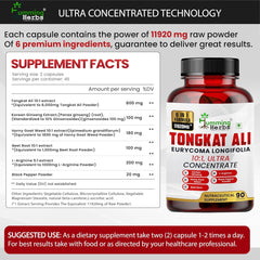 Humming Herbs Tongkat Ali Eurycoma Longifolia 6 In 1 Blend With Korean Ginseng, Horny Goat Weed, L- Arginine, Black Pepper Powder & Beet Root For Men's Health | 90 Capsules 150gm 0.3lbs