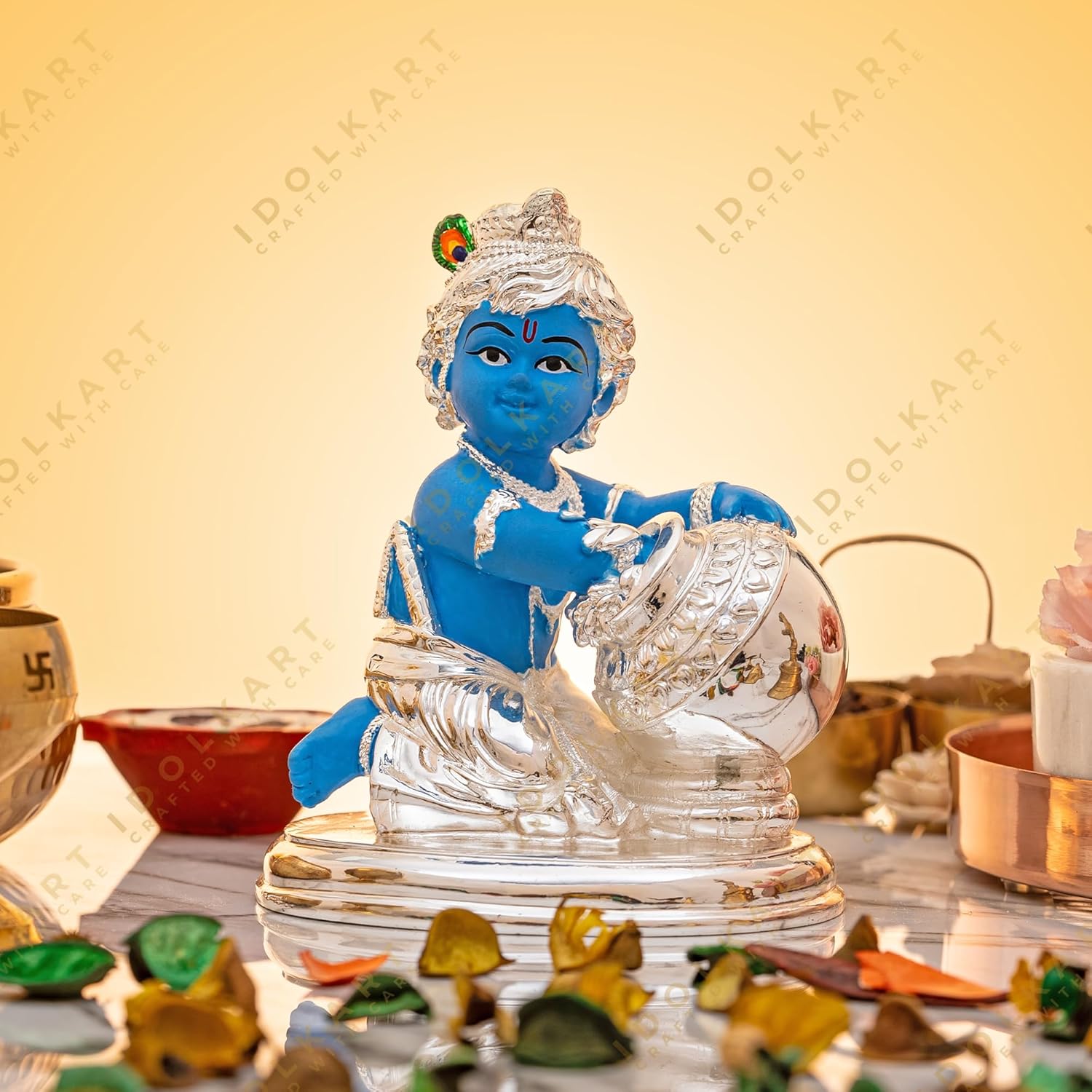 Silver Coated Lord Krishna Idol, Handcrafted Laddu Gopal Idol - Big Size - 6.5, Baby Krishna Statue, For Home Décor - Kanha Ji Ki Murti, Occasion, Makhan Chor Sculpture