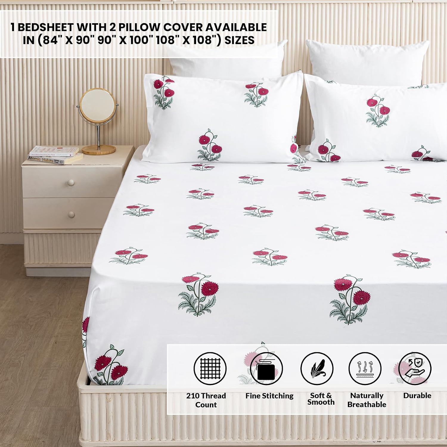 Soft Bedsheets For Queen Size With Two Pillow Cover - 90 X 100 Inches, White & Red | Lightweight, Soft, Skin Friendly - Durable Bedsheets For Everyday Comfort