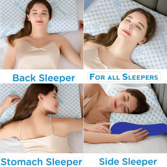 Cooling Cervical Memory Foam Pillow For Neck & Shoulder Pain Relief, White & Blue | Orthopedic Contour Pillow For Sleeping & Spinal Alignment | Ergonomic Support, Removable Cover - Set Of 2
