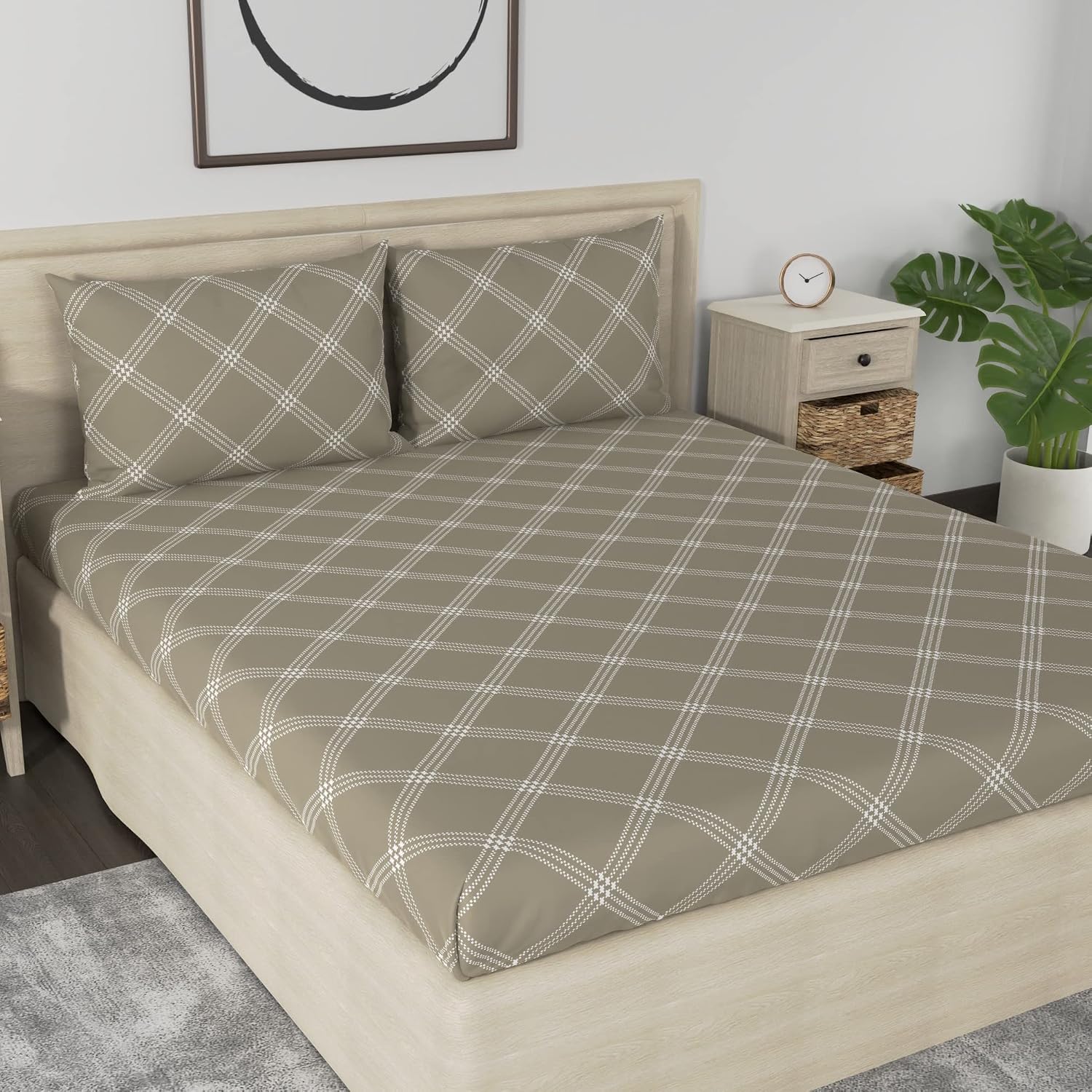 Premium Cotton Bedsheet For Double Bed King Size With 2 Pillow Covers - (108 X 108 Inches) Brandon Beige | Ideal For All Season Comfortable Bedsheet