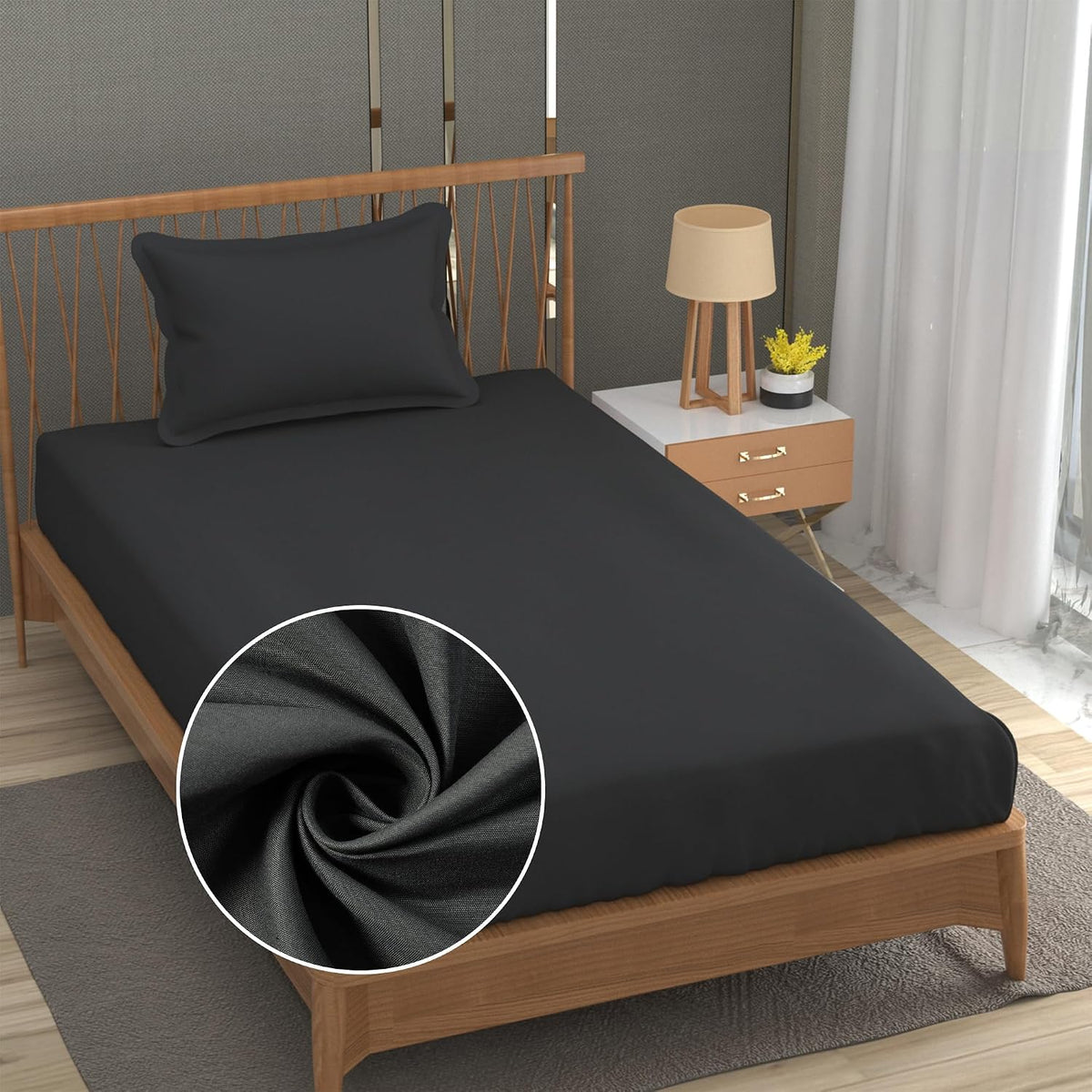 Solid Plain Single Size Bedsheet Set With 1 Pillow Covers | Size - 60 X 90 Inches, Black | Ideal For All Seasons Due To Its Breathable Nature