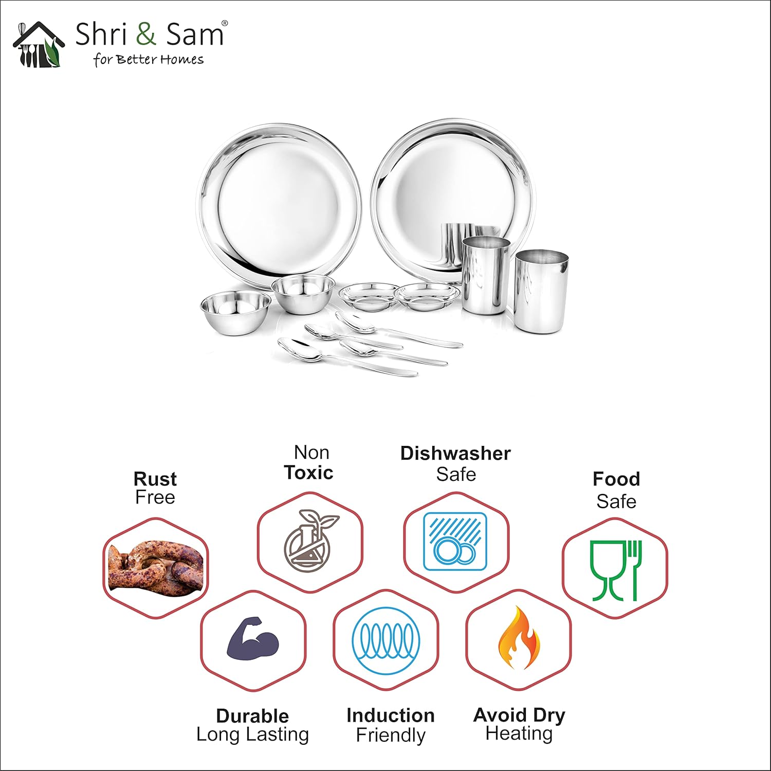 Stainless Steel Delight Solid Dinner Set Of 12 Pieces, Silver | 2 Dinner Plates+ 2 Glasses+ 2 Bowls+ 2 Pudding Bowls+ 2 Dessert Spoons+ 2 Tea Spoons