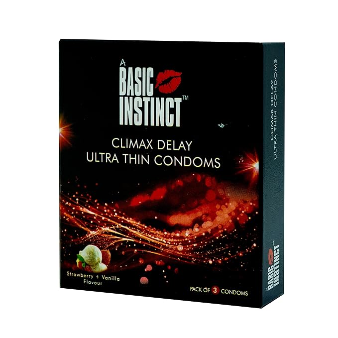 Basic Instinct Climax Delay Ultra Thin Latex Condoms For Men Strawberry And Vanilla 3 Pcs Pack Of 5
